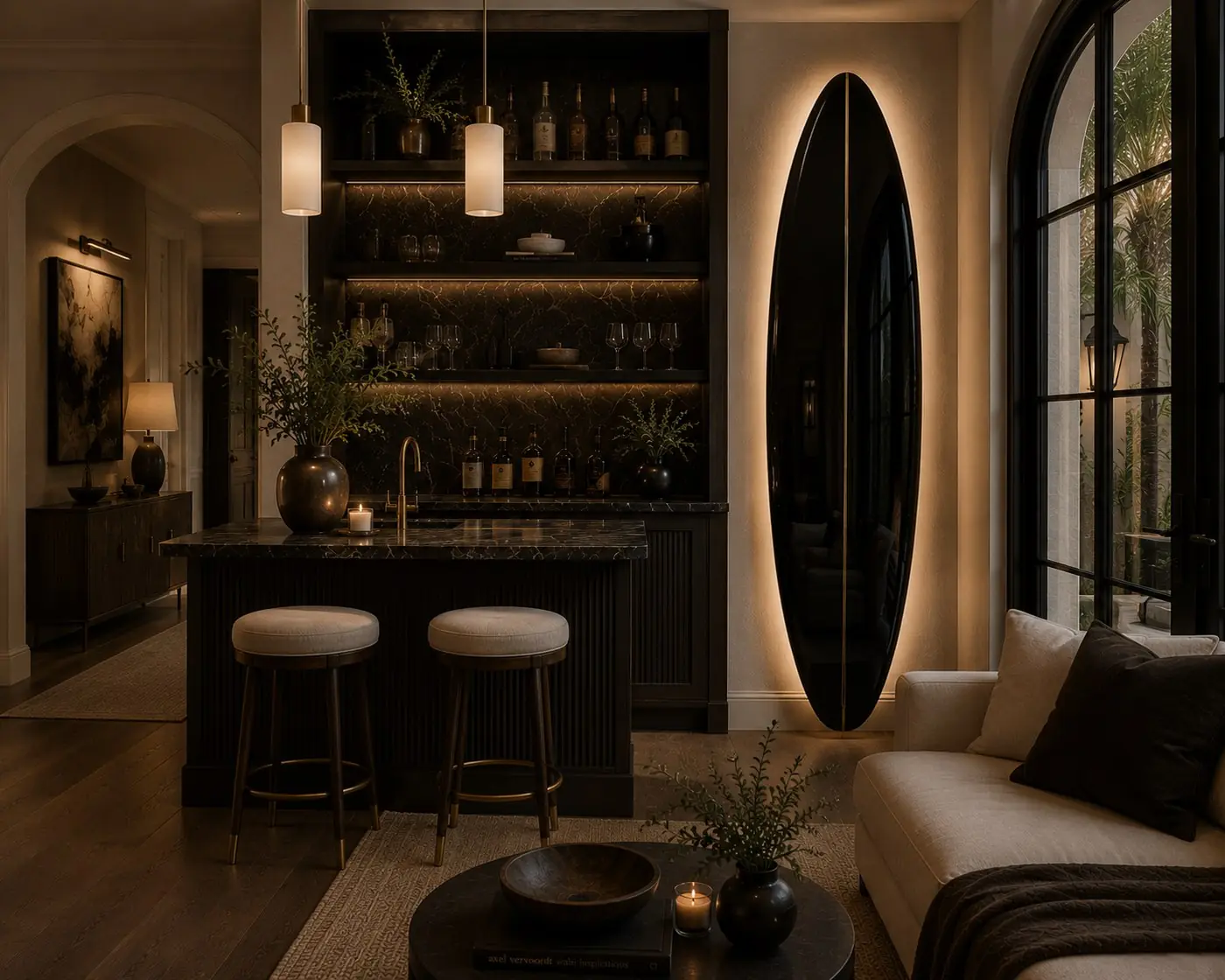 Palm Atelier bar and lounge in dark oak, marble and aged brass