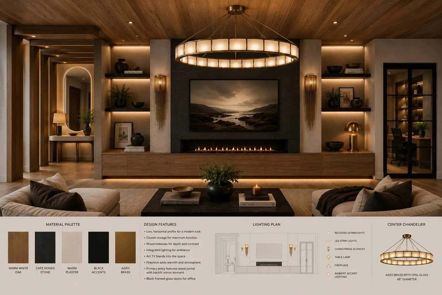 Featured living room with material palette and lighting plan
