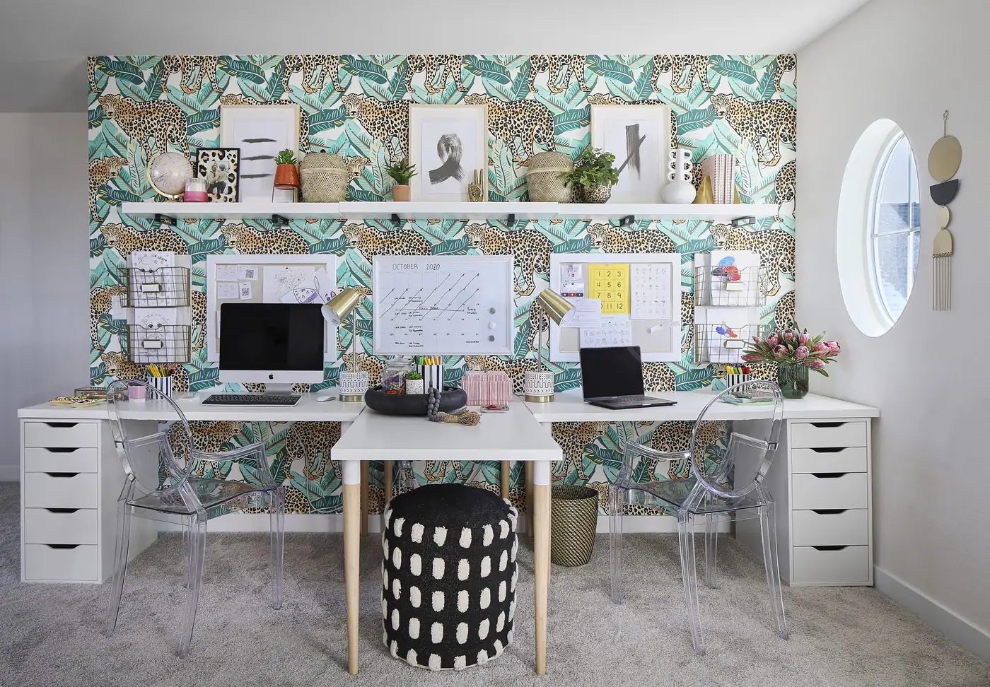 Flamingo project with leopard-print wallpaper and a dual workstation